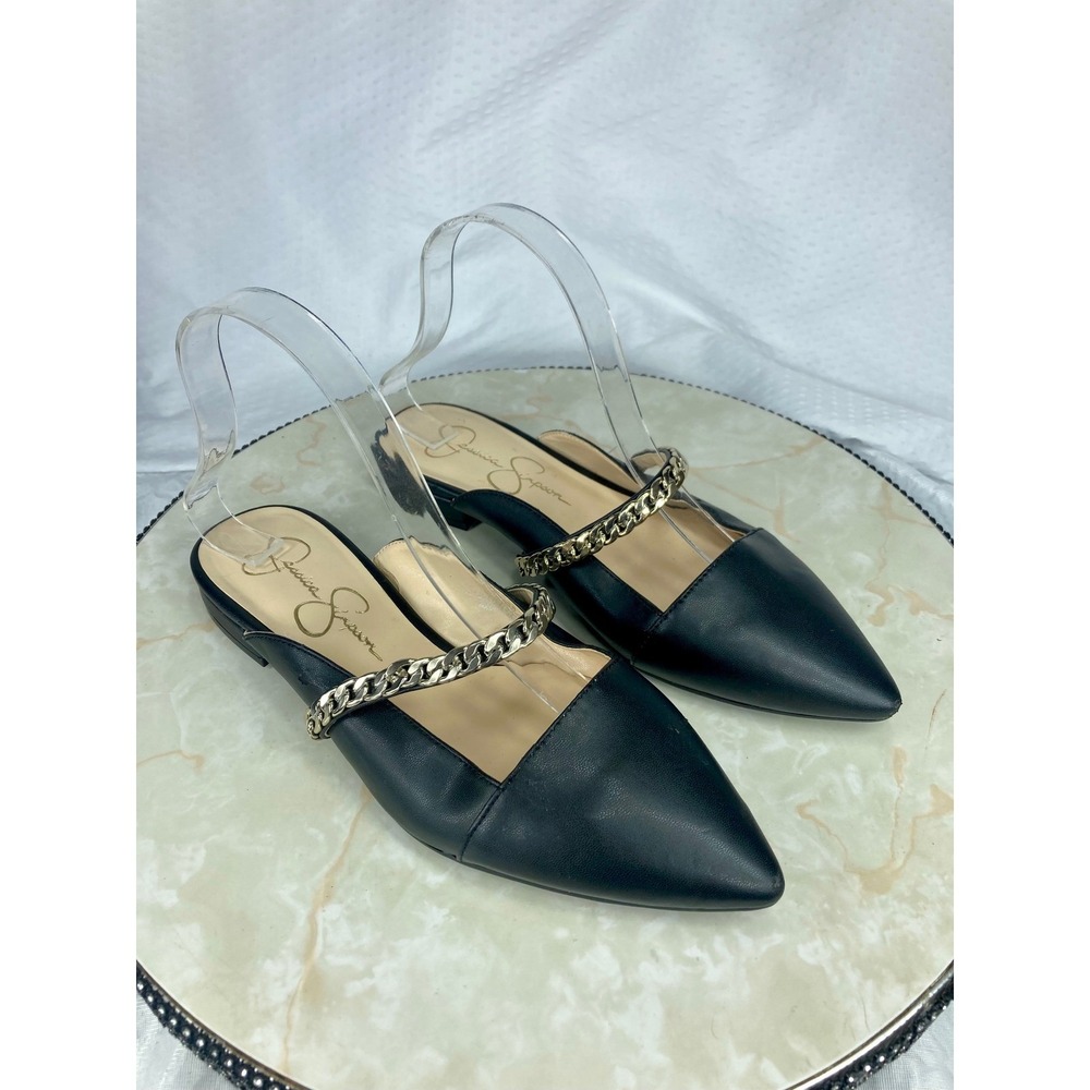 Jessica Simpson Chain Strap Pointed Toe Slip On Mules Women 7.5 Black Chic Flats